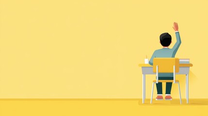 Student Raising Hand at Desk in Minimalist Yellow Classroom Setting