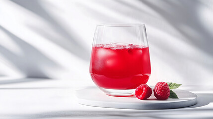 glass of raspberry juice isolated on neutral white background