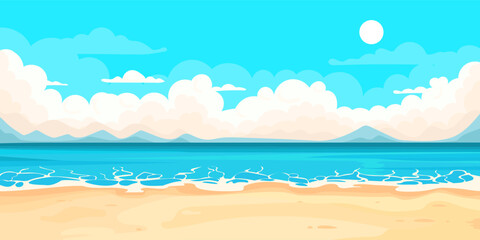 Cartoon beach scene with blue ocean, yellow sand and clouds behind the mountains.