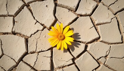 Obraz premium Yellow flower contrasts with dry cracked earth in a striking display of resilience and beauty in nature