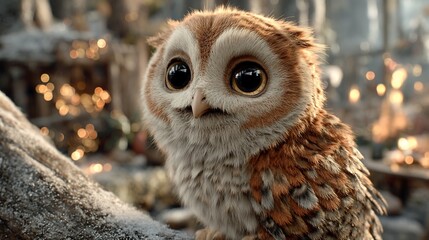 Fototapeta premium Cute owl with big eyes, nestled in a woodland setting