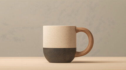 a mug made of wood painted with white and dark-green isolated on neutral gray background, exo-friendly drinkware, wooden handle