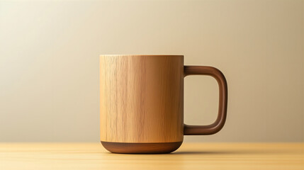 rectangular mug with a big handle made of wood isolated on light-brown, zero waste drinkware
