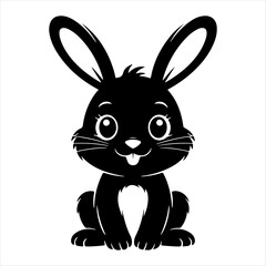 Fototapeta premium Front view of a cute black cartoon rabbit with large ears, round eyes, whiskers, and a small tongue sticking out, isolated on a white background
