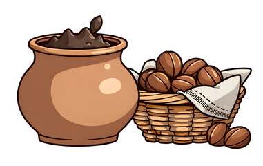 Chocolate pot with cocoa beans in basket and cloth, warm and cozy feeling,cutout
