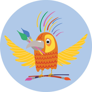 Bright parrot artist with brushes for painting
