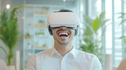 Man experiencing VR: A smiling man with a virtual reality headset on, exuding joy and immersion in a digital world. The future of entertainment and connection!