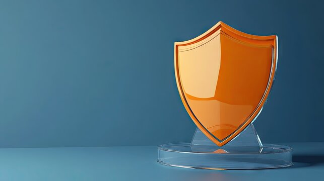 A vibrant orange shield trophy displayed on a clear pedestal against a bright blue background. symbolizing achievement and protection. ideal for award ceremonies or recognition events