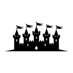 Obraz premium Medieval Castle Silhouette: A classic silhouette of a grand medieval castle, with sturdy towers, fluttering flags, and intricate architectural details against a neutral backdrop.