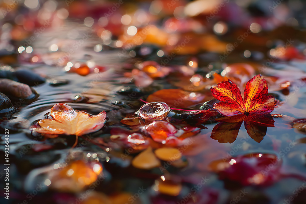 Poster autumn leaves float on calm water, creating a serene image. red and orange hues reflect, showcasing 