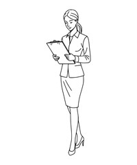 Medical support staff woman holding a clipboard. Counselor writing on a clipboard. 