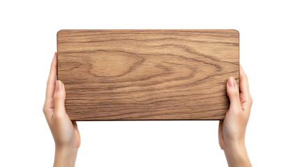 Wooden board held by hands isolated on a white background