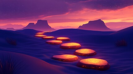 Glowing pathway leading through mountain landscape at dusk