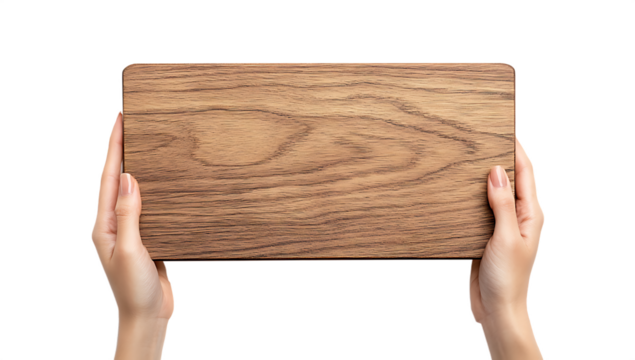 Wooden board held by hands isolated on a white background
