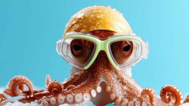 Krake mit pinker Kappe und gelber Brille, Frontalansicht, dynamische Pose