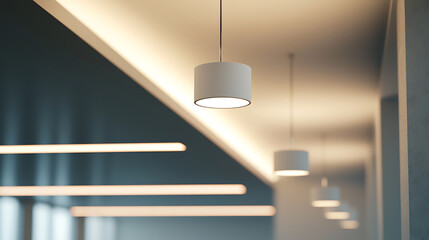 Illuminated space with modern ceiling fixtures and ambient lighting, creating a bright and contemporary atmosphere. Minimalist interior design.