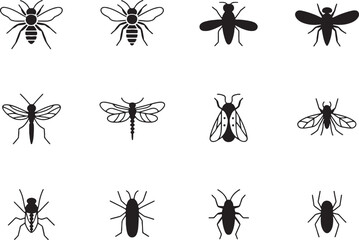 Twelve black silhouettes of various insects