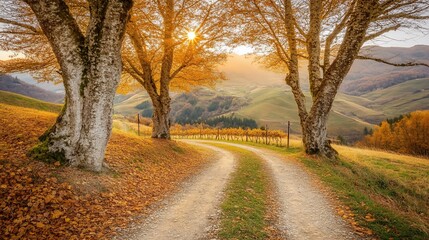 Naklejka premium Autumnal Path: A Serene Landscape of Golden Hues