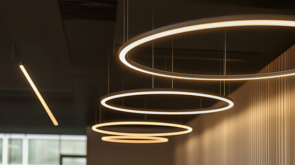 Illuminating design: A composition of modern circular and linear LED lights, casting a warm glow against a neutral backdrop. Contemporary lighting solution.