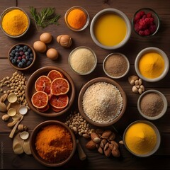Natural Ingredients and Spices in Rustic Bowls on Wooden Table