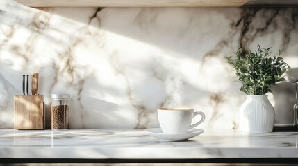 Steaming coffee cup on marble kitchen counter in sunlight.