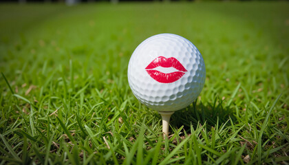 Golf Ball with Red Lipstick Kiss on Putting Green, Romantic Sports Symbol for World Kiss Day and Love-Themed Golf Detail