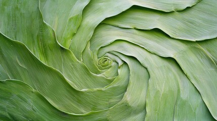 Obraz premium Close-up of a green leaf with a spiral pattern. the leaf appears to be a type of agave plant, with long, thin leaves that are arranged in a way that creates a sense of depth and dimension.