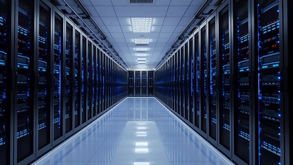 Fototapeta premium A Modern Data Center Server Room with Rows of High-Tech Servers Illuminated by Blue Lights Reflecting on the Polished Floor showcasing Advanced Technology Infrastructure