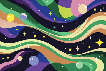 Abstract celestial landscape with wavy lines and cosmic elements in a colorful design