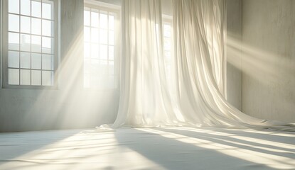 Obraz premium Sunlight streams through sheer curtains in a bright room