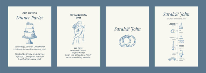 Fototapeta na wymiar Toile de Jouy inspired wedding wedding invitation. Wedding hand dawn ceremony card. Elegant line art minimalist venue sketch. Elements for wedding, monogram, invitation, greeting, birthday card.