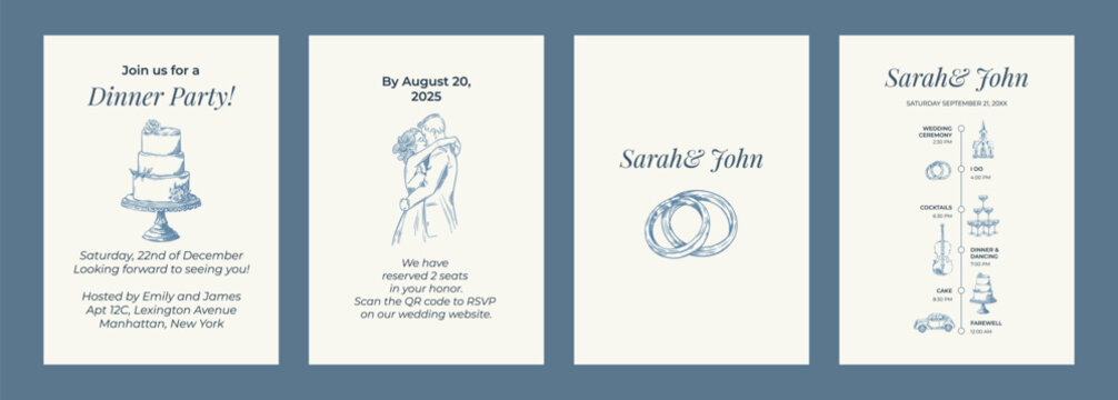 Toile de Jouy inspired wedding wedding invitation. Wedding hand dawn ceremony card. Elegant line art minimalist venue sketch. Elements for wedding, monogram, invitation, greeting, birthday card.