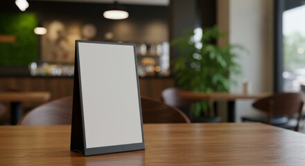 Blank menu stand placed on wooden table in modern cafe interior  
