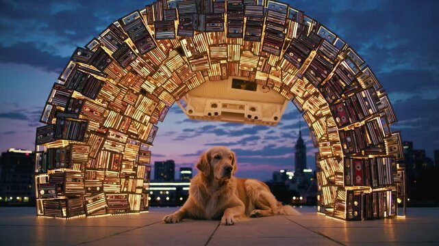 Golden Retriever allong&eacute; sous une arche lumineuse compos&eacute;e de cassettes audio vintage au cr&eacute;puscule

