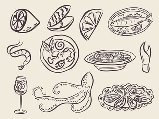Whimsical hand drawn sea food illustrations in trendy whimsical style. Perfect doodle for quirky italian wedding holiday, poster, dinner and bar menu, bachelorette party, birthday invitation, sign