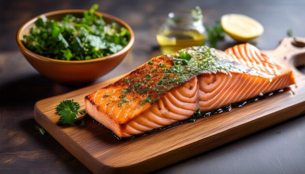 salmon on cutting board a stunning image captures a perfectly cooked piece of salmon resting atop a wooden cutting board surrounded by a vibrant bowl of cilant