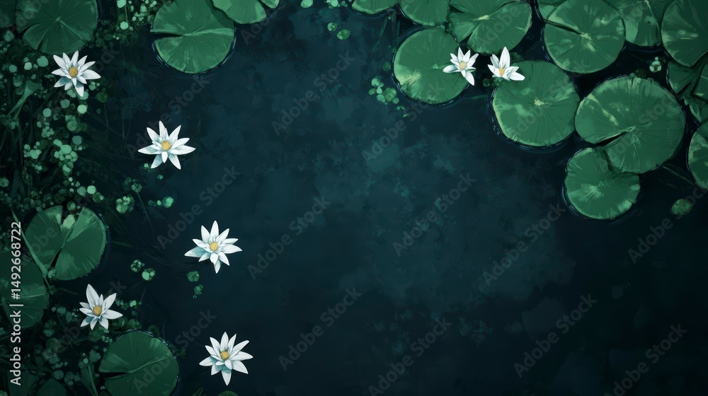 Poster overhead view of water lilies and lily pads on dark water.