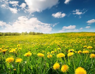 Fototapeta premium beautiful meadow field with fresh grass and yellow dandelion flowers in nature against a blurry blue sky with clouds summer spring perfect natural landscape