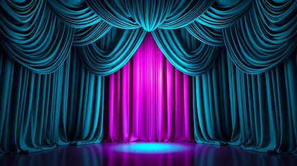Teal and magenta stage curtains dramatic lighting theater backdrop
