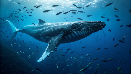 Fototapeta premium Majestic Humpback Whale Surrounded by a School of Fish in the Ocean
