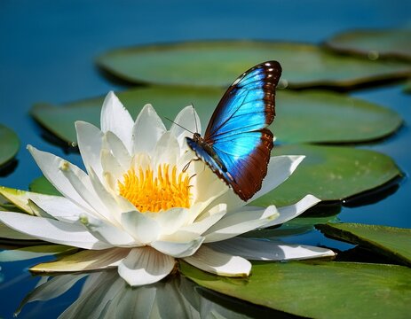 a vibrant common morpho butterfly hovers over a white water lily surrounded by lily pads creating a serene scene on a calm pond