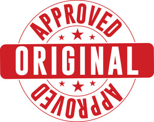  Red Approved Original Stamp Badge with Stars – Authenticity and Certification Icon in Rubber Stamp Style for Branding, Product Labels, and Official Documentation