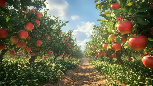 An apple orchard with rows of trees laden with red apples under a blue sky.