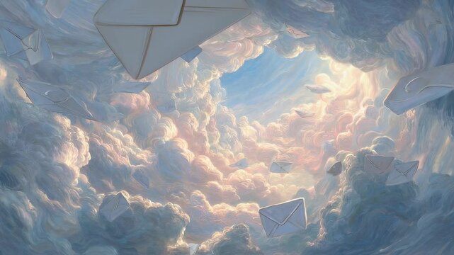 White envelopes floating weightlessly through misty clouds, gliding toward luminous light and creating ethereal, dreamlike visual narrative of spiritual communication