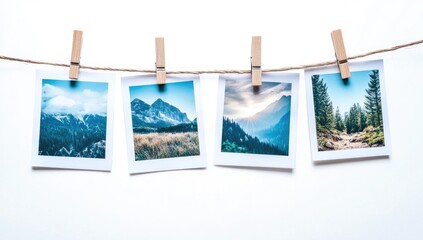Four vintage photos of mountain landscapes, hanging on a clothesline