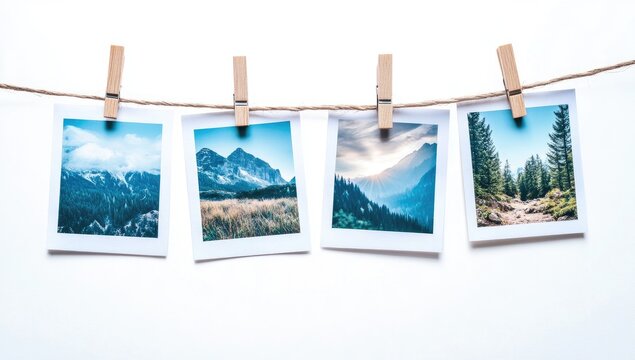 Four vintage photos of mountain landscapes, hanging on a clothesline