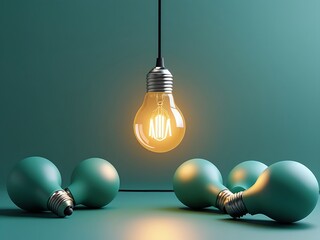 Creative Concept of a Glowing Light Bulb Among Unlit Bulbs