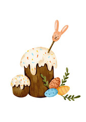 Spring Watercolor Easter Cake with Bunny Topper and Decorative Eggs, Easter holiday sticker, Single element on the transparent background
