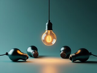 Creative Concept of a Glowing Light Bulb Among Unlit Bulbs