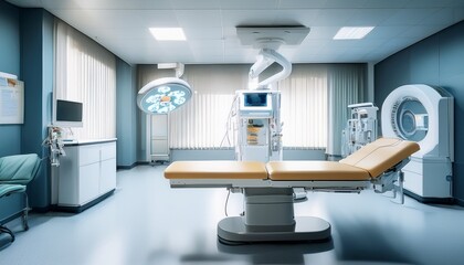 modern hospital cath lab pristine minimalist examination room with c arm fluoroscopy system sleek table bokeh effect stock photo